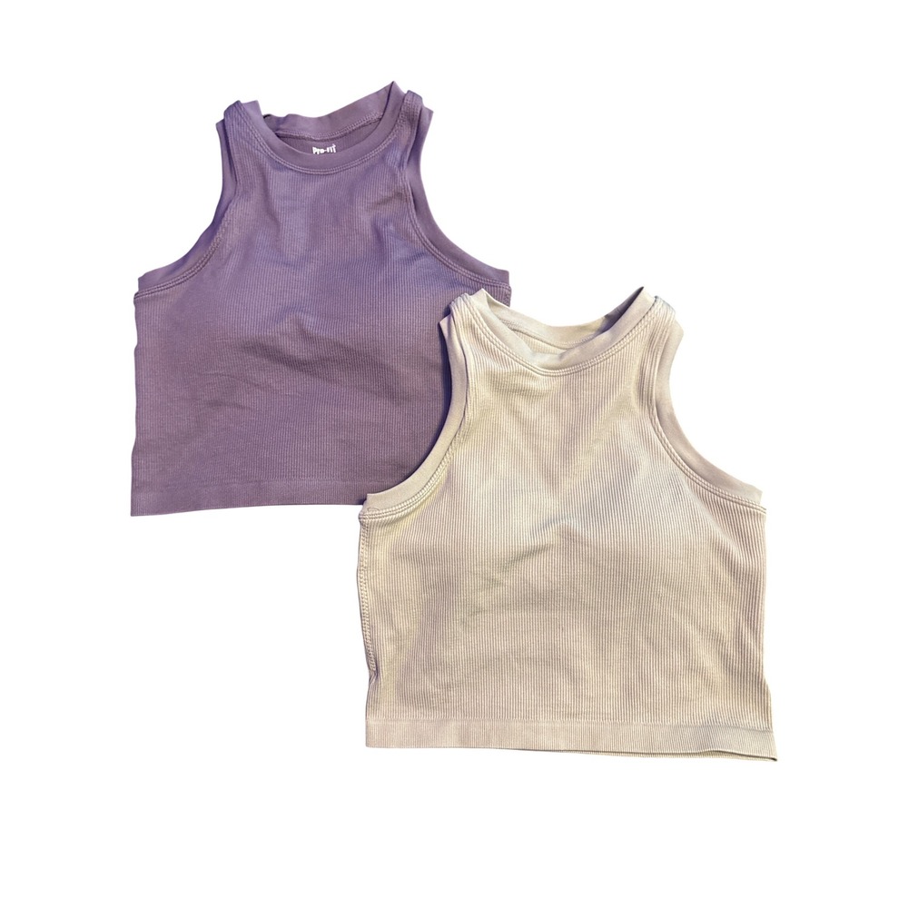 Pro-Fit Seamless Ribbed Crop Tank Tops Purple Beige 2 Pack Size Small